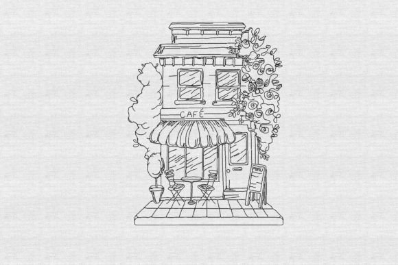 Cafe Building Sketch Embroidery Design