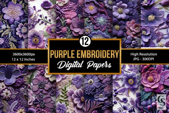 Purple Floral Embroidery Digital Papers